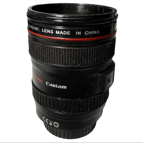 3/$10 Mug w/ Lid 5” Camera Lens Black Plastic - Picture 2 of 6